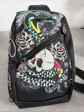 Ed Hardy Black Sling Bag with Neon Green Snake & Red Accent Graphics
